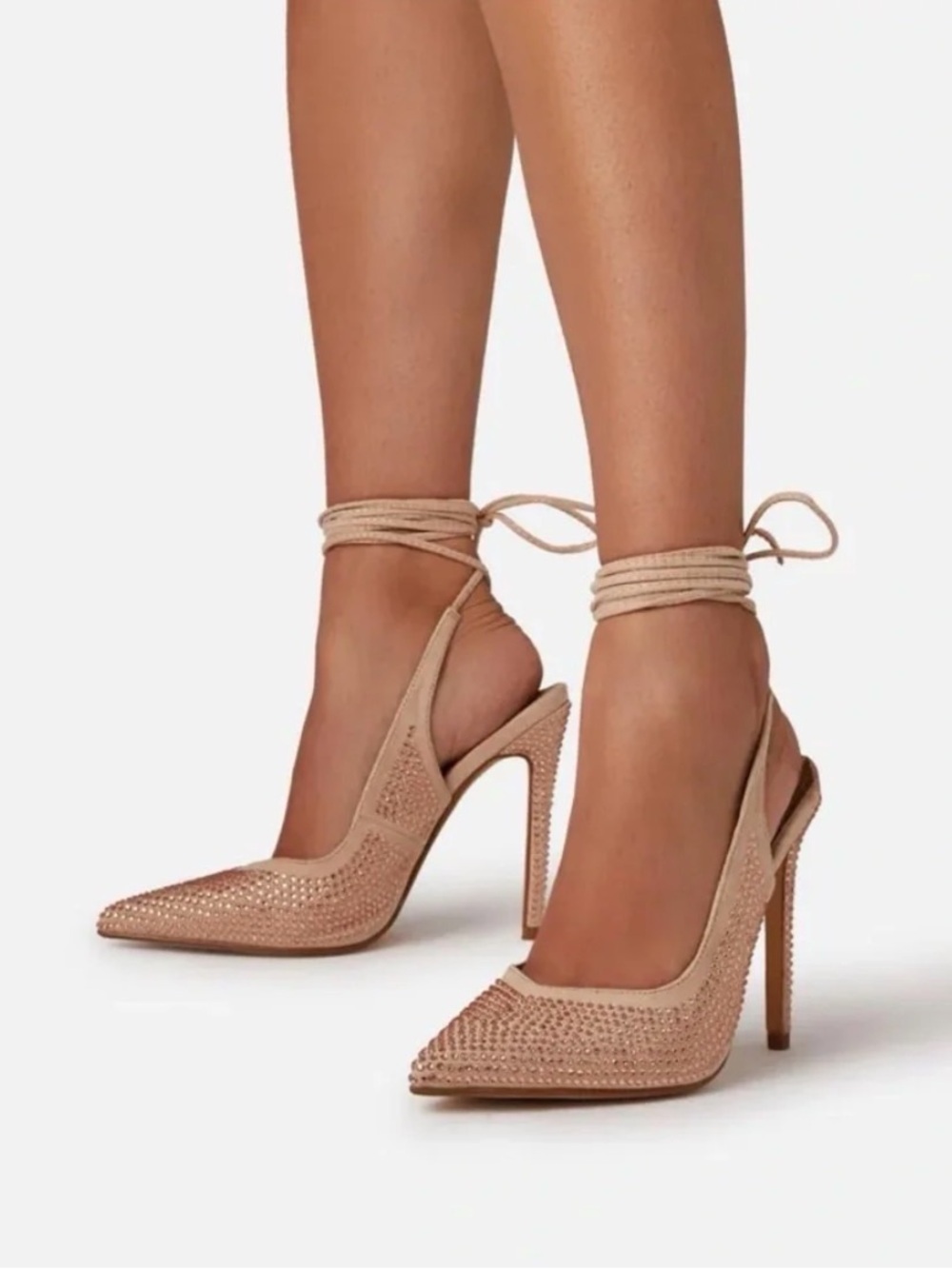 EGO Nude Rhinestone Pointed Toe Ankle-Tie Stiletto Heels